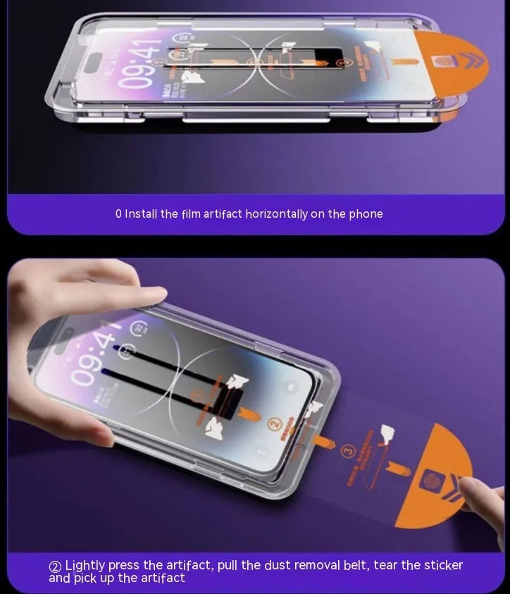 iPhone tempered glass screen protector with privacy film over earpiece, showing frosted anti-fingerprint surface.