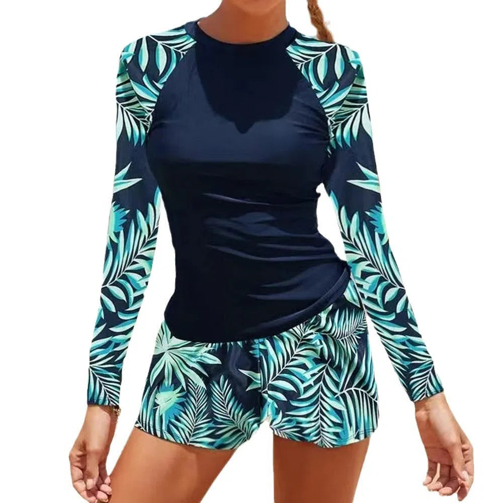 Women's long sleeve digital print conservative separate bikini swimwear in dark blue flower pattern