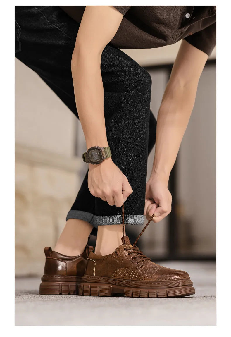 Leather lace-up work casual shoes in black and brown with low heel and rubber sole