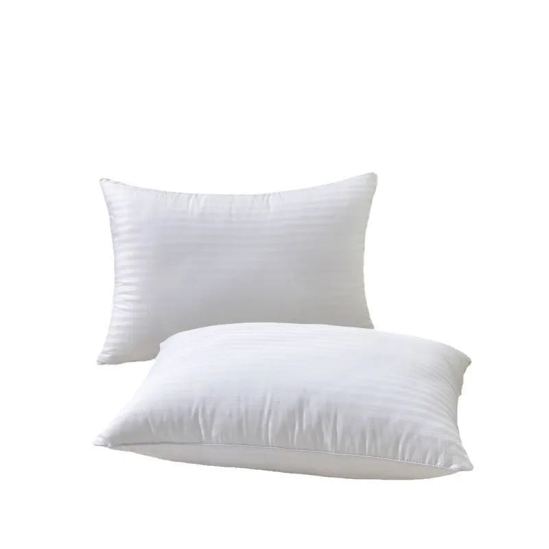White cotton satin stripe pillow with feather filling in three size options for hotel or home use