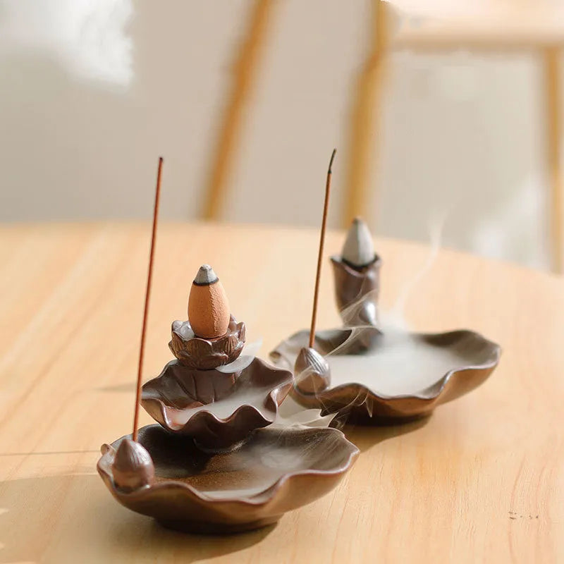 Square purple clay ceramic incense burner with reverse flow design and lotus decoration