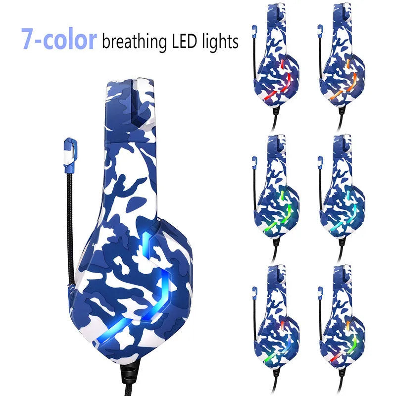 Wired gaming headset with camouflage design, cloth earmuffs, braided cable, and 3.5mm plug