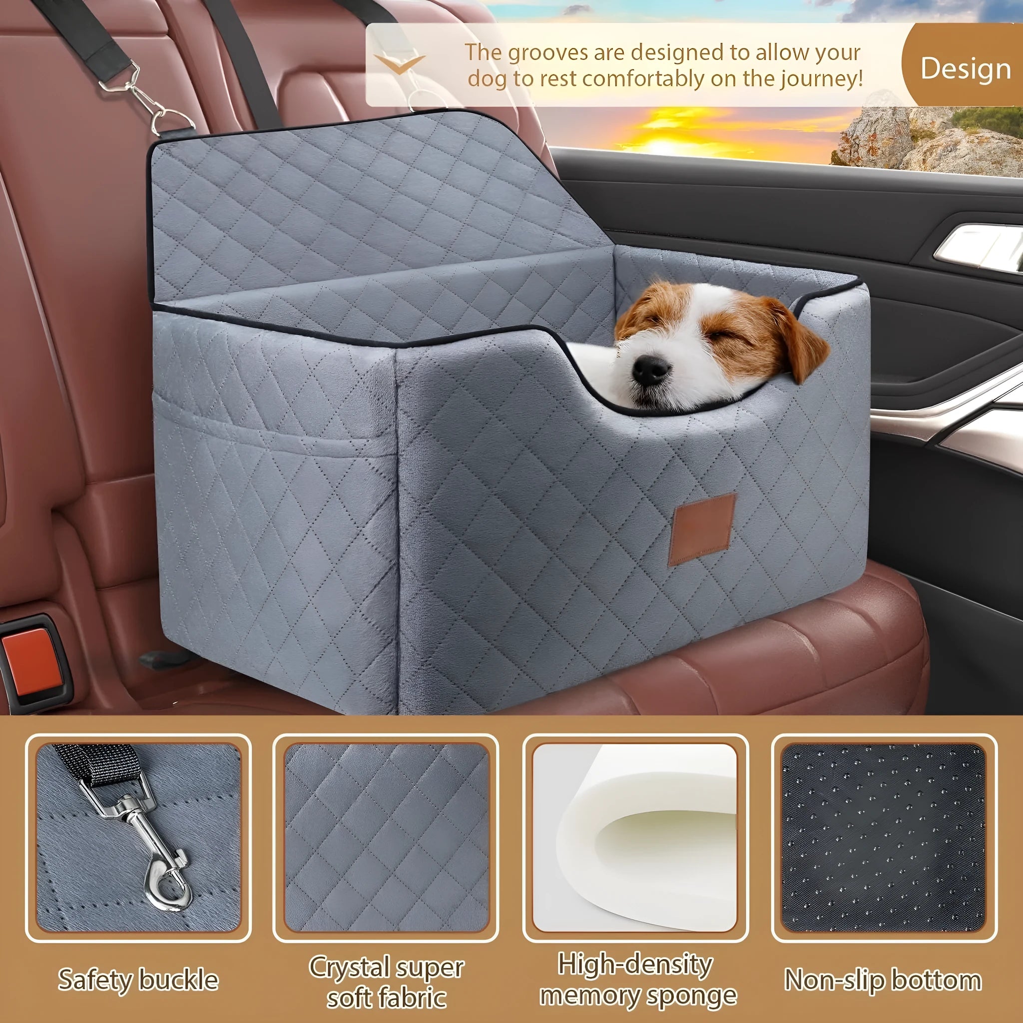 Breathable pet car nest for dog rear row travel cushion in beige cloth, 70x50x30cm