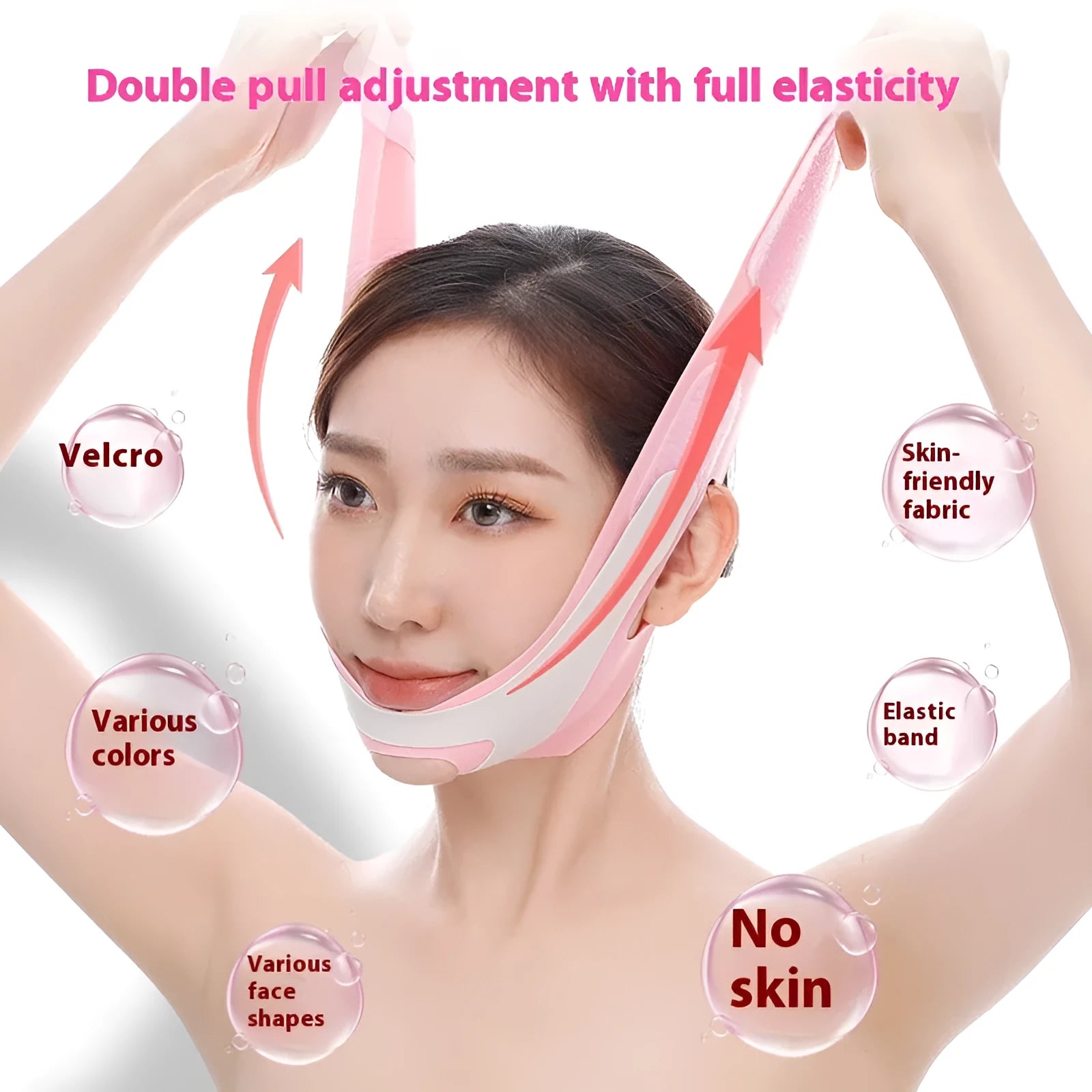 Pink and black elastic V face bandage for facial contouring with adjustable tension support