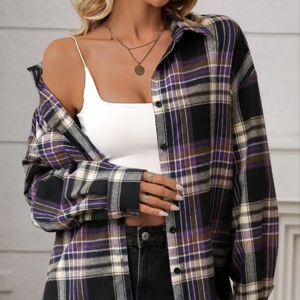 Women's loose fit retro plaid cotton shirt in black green purple colour options