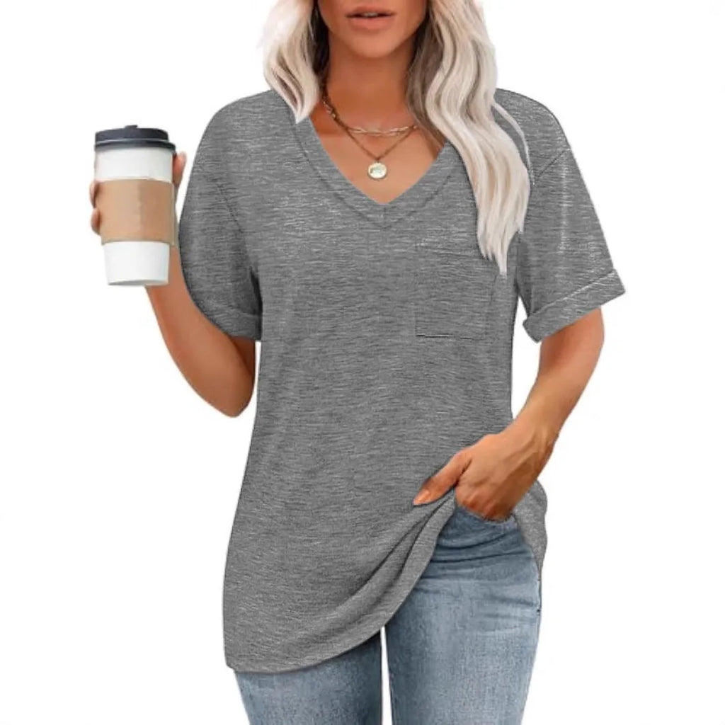 Grey loose fit V-neck T-shirt with chest pocket in Japanese Korean casual style