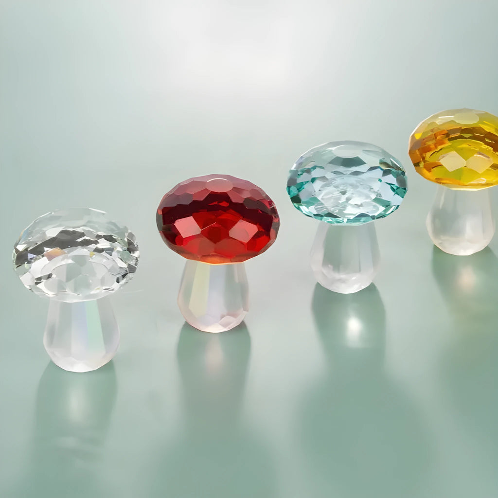 Colourful acrylic mushroom crystal decoration in geometric style, measuring 40mm by 53mm.