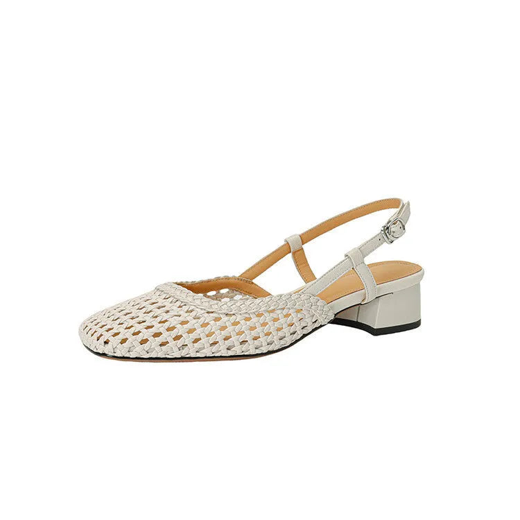 Women's woven hollow-out sandals with 4cm chunky heel and adjustable buckle strap