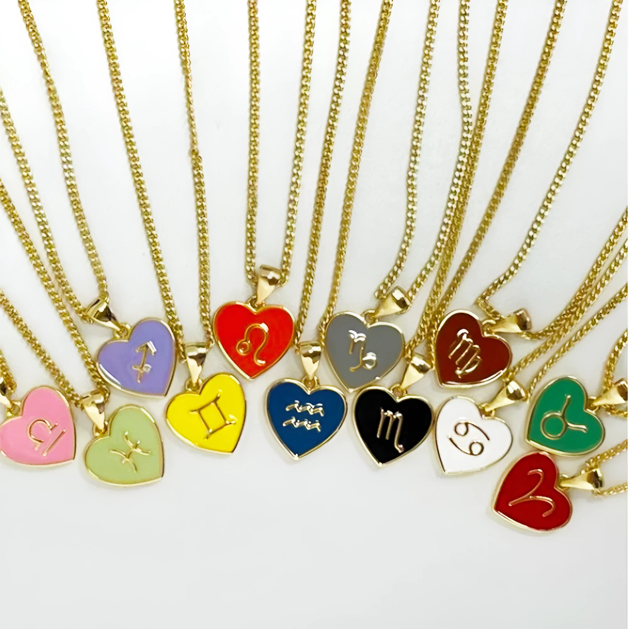 12 constellation love necklace with heart-shaped pendant and bamboo chain in a zodiac colour option