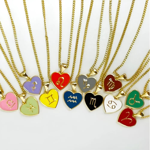 12 constellation love necklace with heart-shaped pendant and bamboo chain in a zodiac colour option