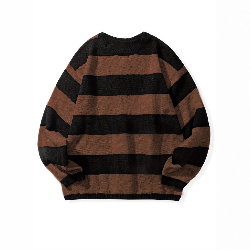 Loose American retro wool sweater in beige, front view, long sleeve pullover for autumn