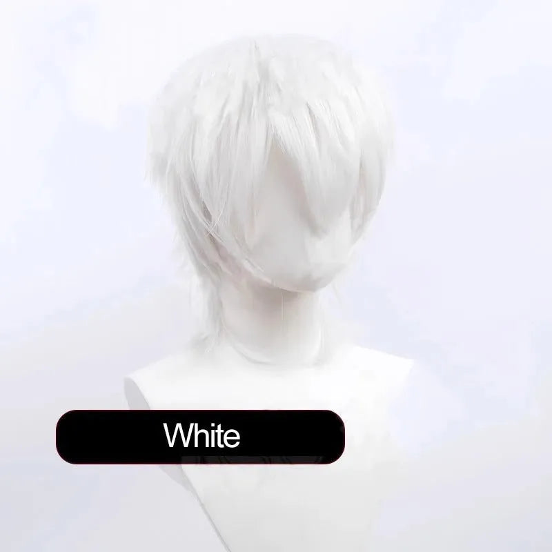 Short red anime-style cosplay wig with a straight, lengthened hair tail on a wig stand.