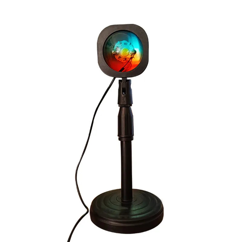 Black sunset lamp projector with metal lampshade lens on iron stand, USB cable, ambient glow effect