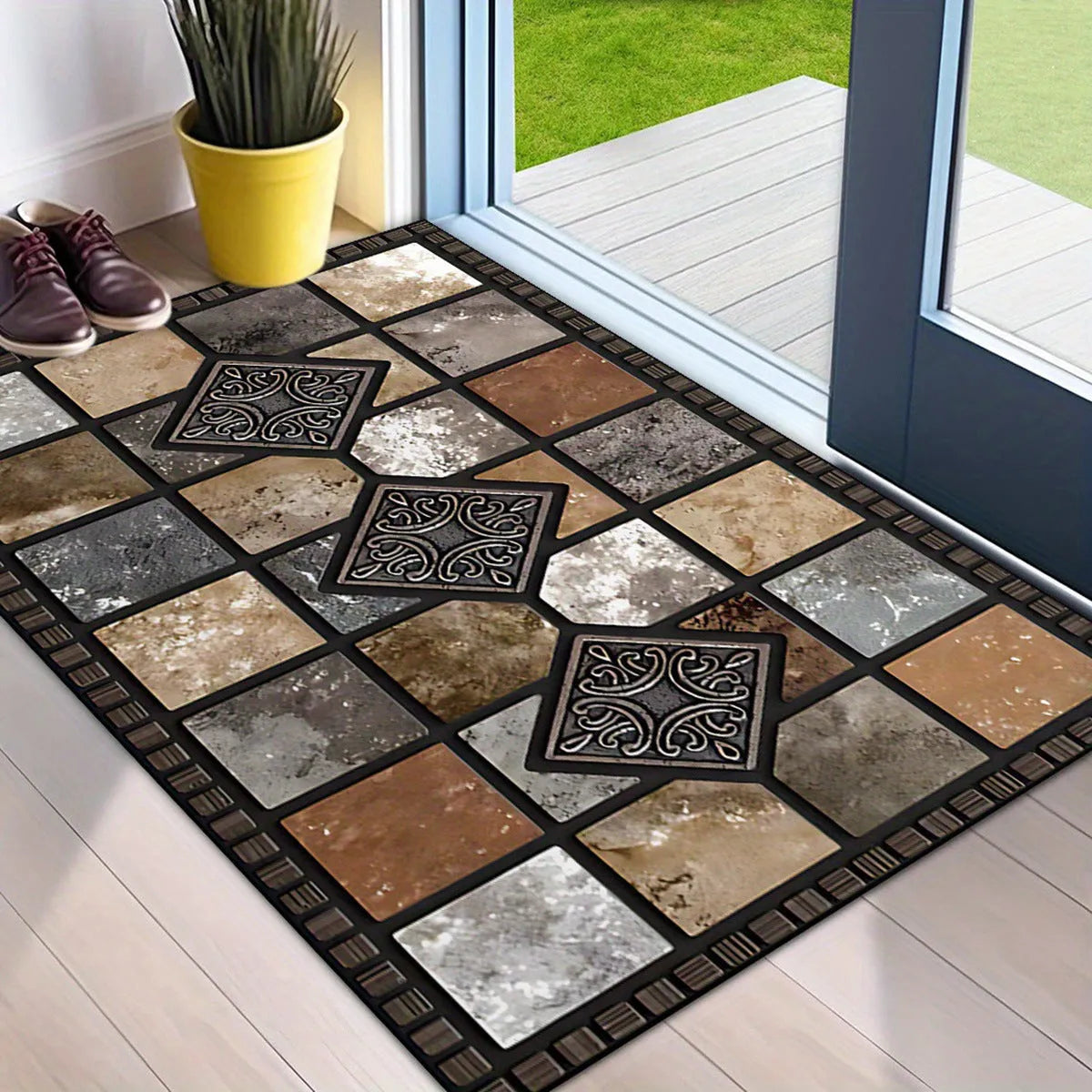 Black and white plaid crystal velvet floor mat, cobblestone colour, on a tiled floor with non-slip backing
