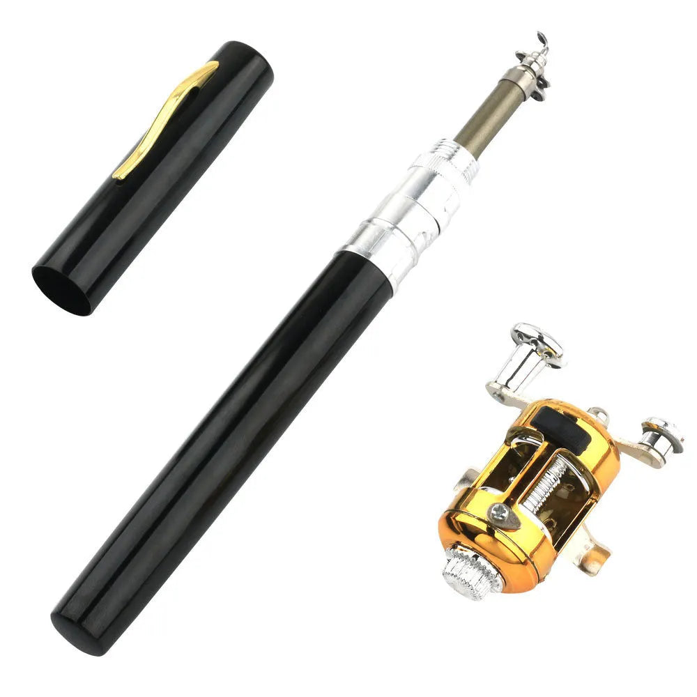 Gold telescopic pocket fishing rod collapsed in aluminium case next to extended 1m rod with ST5RL reel.