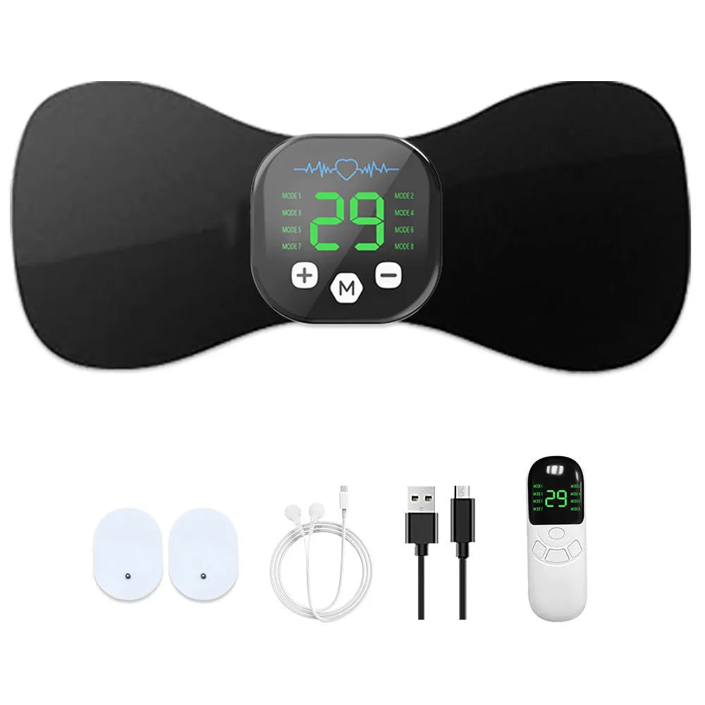 Blue cervical pulse massage pad with remote control and USB cable for EMS electrotherapy neck relief