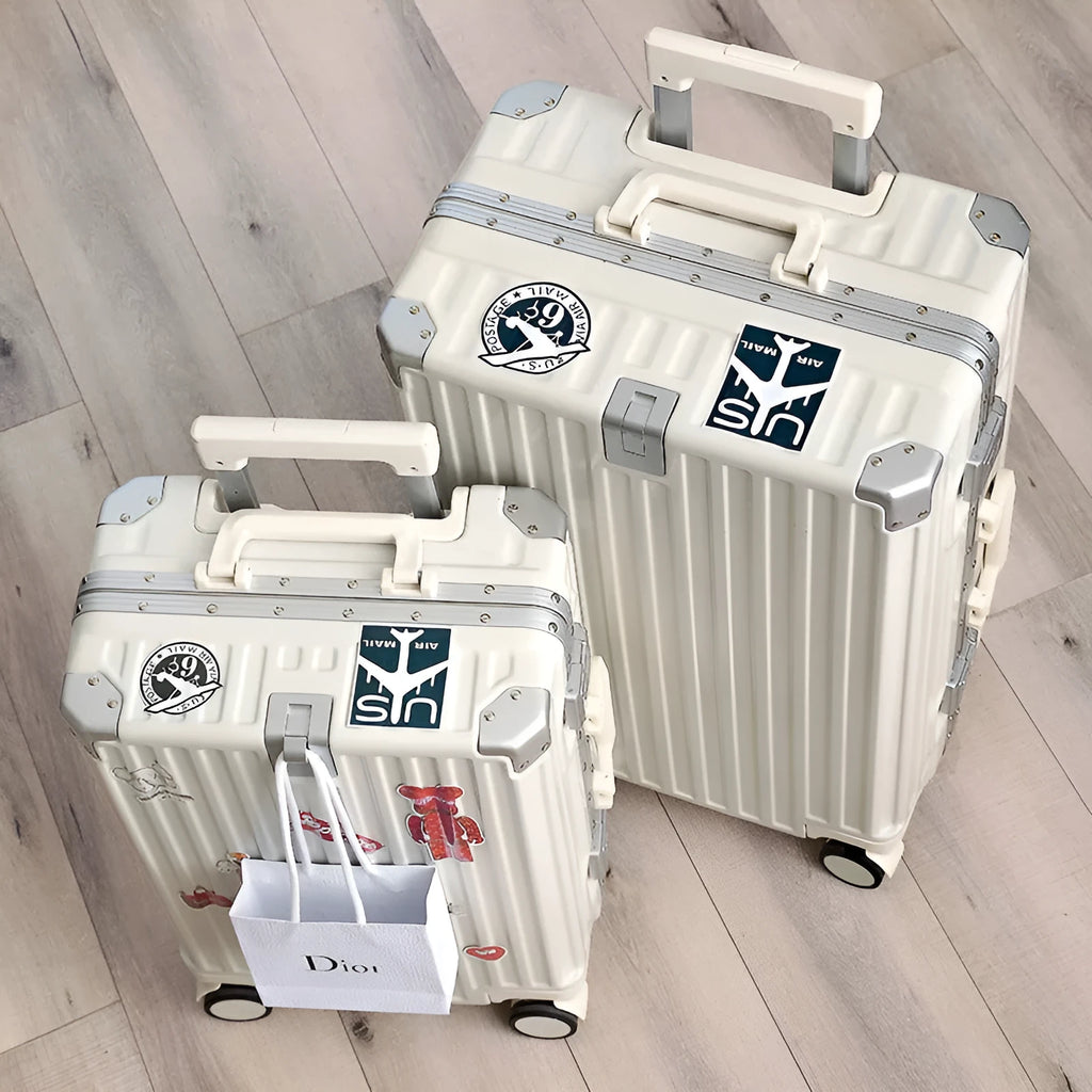 Aluminium frame trolley suitcase in avocado green with wheels and a USB port.