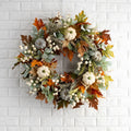 Autumn pumpkin wreath on door with simulation frost leaves and rattan ring, 45x45cm size
