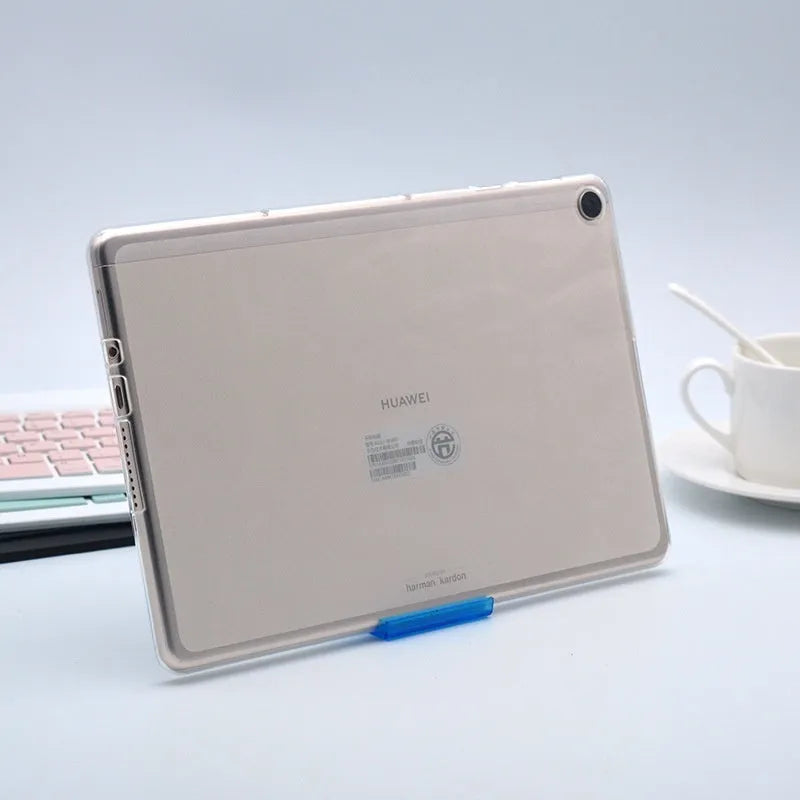 Clear silicone and TPU ultra-thin protective case for a tablet on a white background.