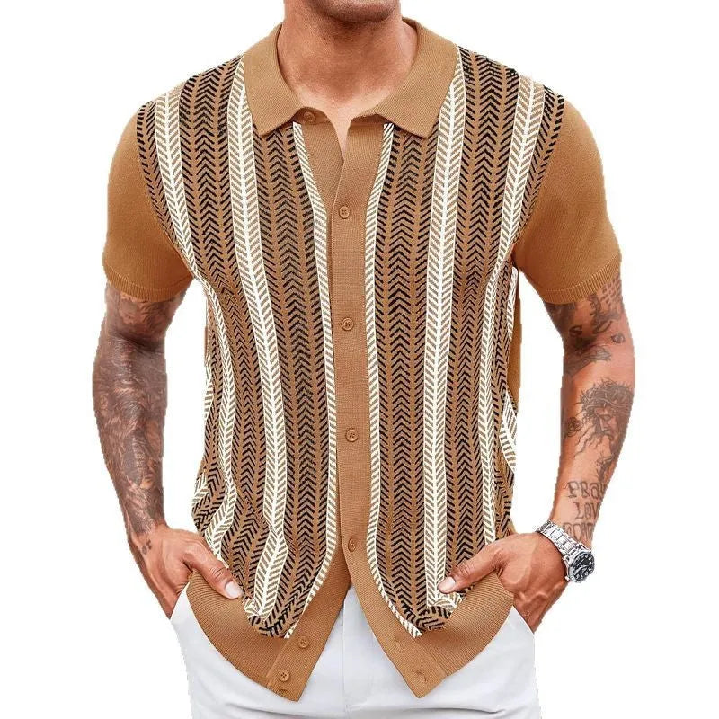 Men's casual striped jacquard sweater in green, short sleeves, regular fit, Tencel viscose blend, summer leisure wear