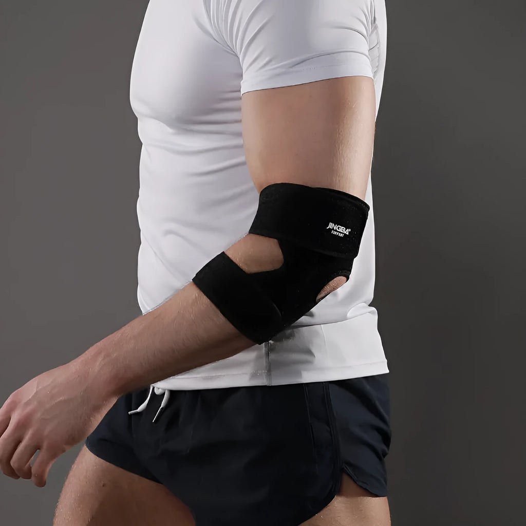 Black adjustable sports elbow guard for adult training and outdoor sports protection