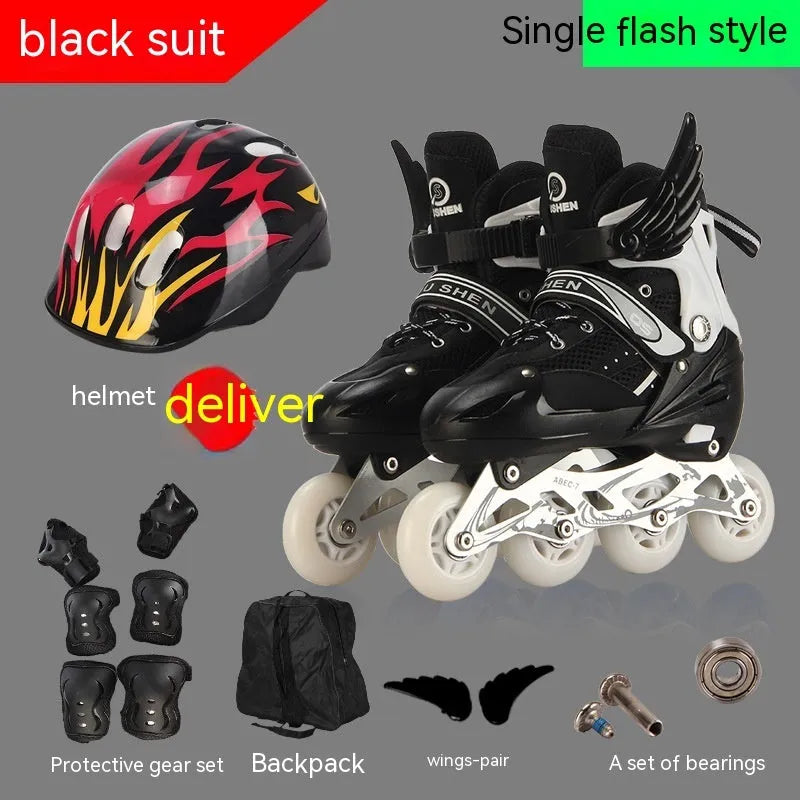 Children's adjustable roller skates with aluminium frame and PU foam wheels in various colours, shown with protective gear and backpack