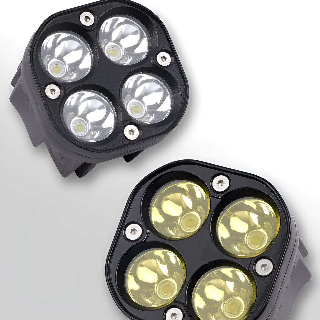 Four-eye vehicle headlight modification unit with aluminium base plate, white and yellow light options