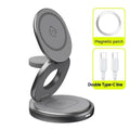 3-in-1 wireless charger magnetic folding stand in grey with phone and headphones charging on a desk