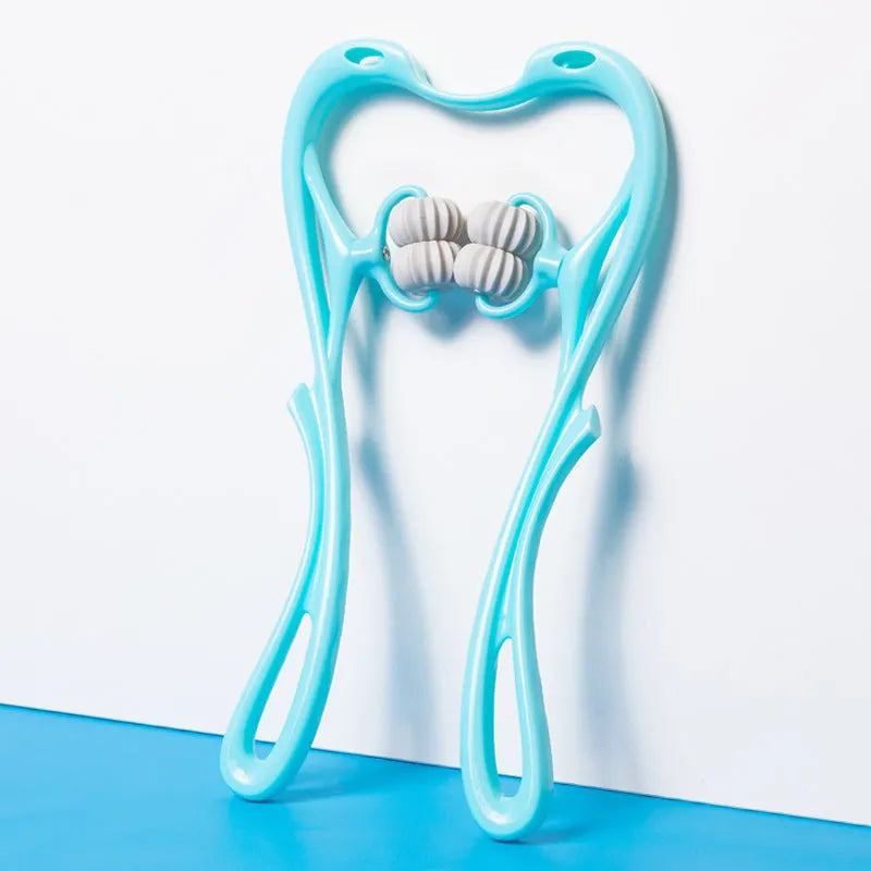 6-roller cervical neck massager in blue, ergonomic swan design, with 360° rotating massage balls and jade scraping board