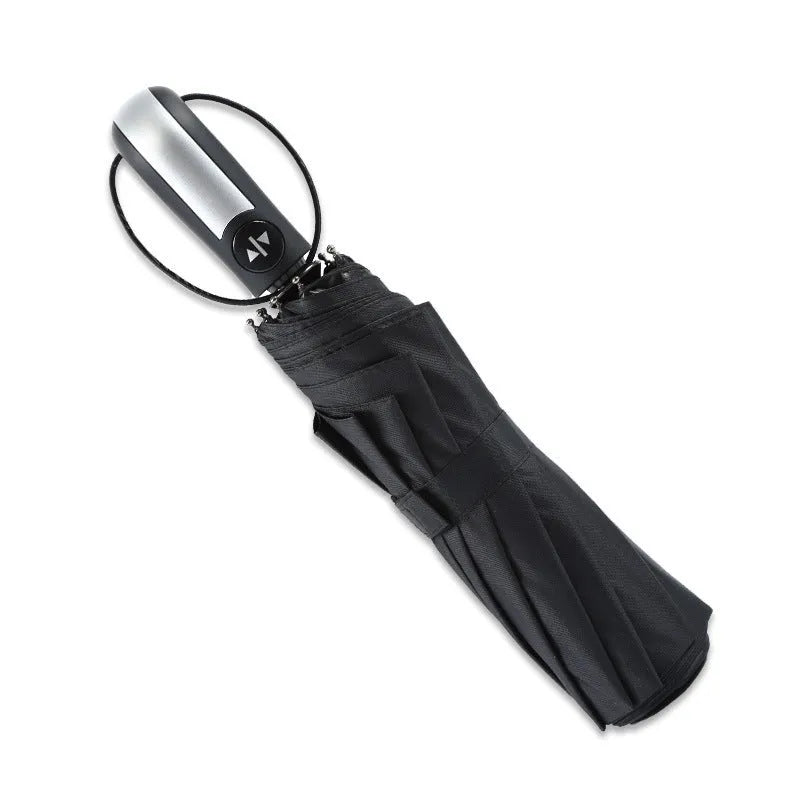 Triple-folding business promotional umbrella with automatic open mechanism and steel ribs