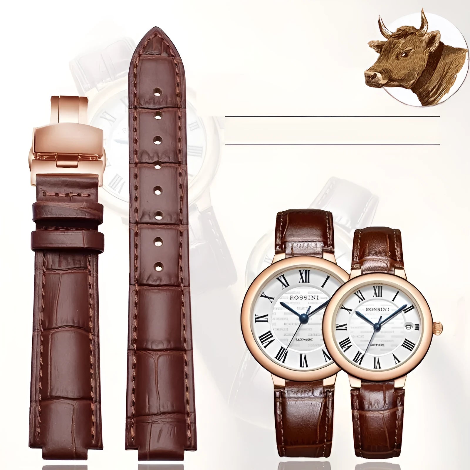 Top layer cowhide leather watch strap with silicone lining, butterfly clasp, black colour, 20mm interface