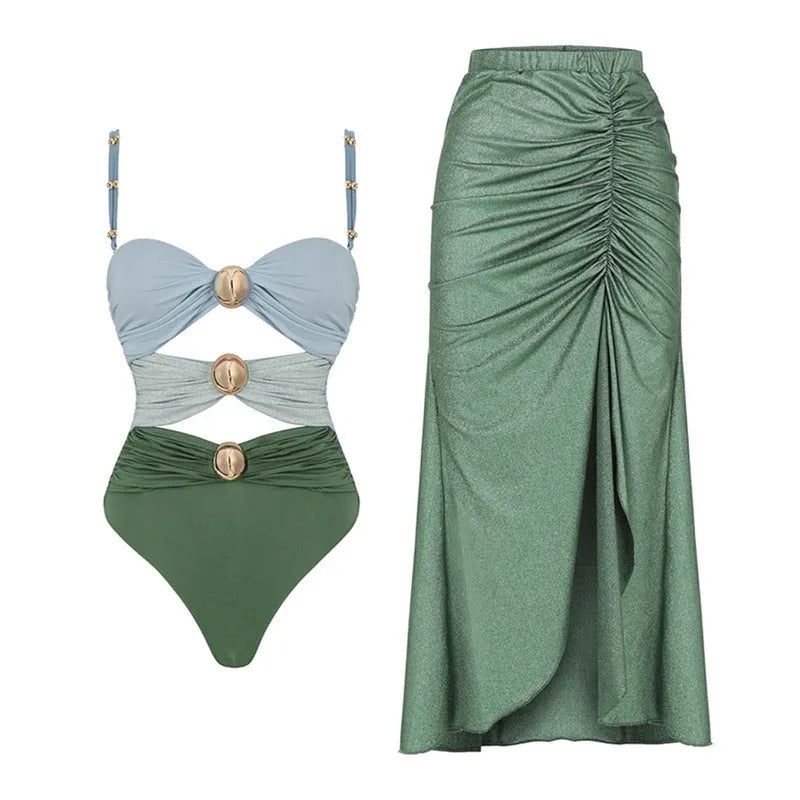 Women's high waist split bikini swimsuit in nylon fabric, available in green and yellow colour options