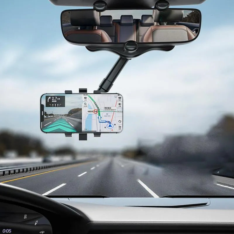 Black rearview mirror car phone holder with retractable arm and 360-degree rotating phone clip.
