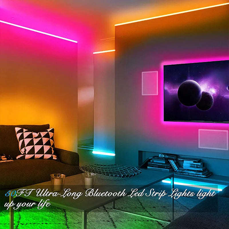 Bluetooth-controlled RGB LED strip light with remote and smartphone app