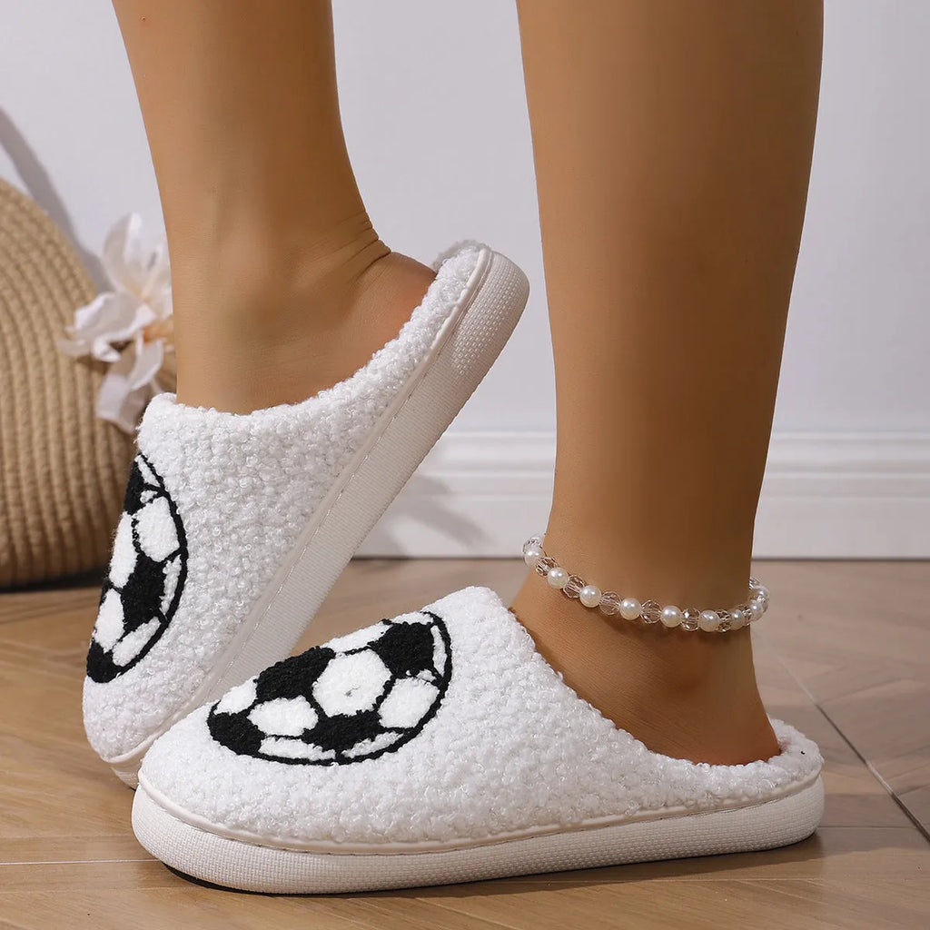 White interior thermal cotton slippers with ethnic totem pattern, plush upper, and round toe