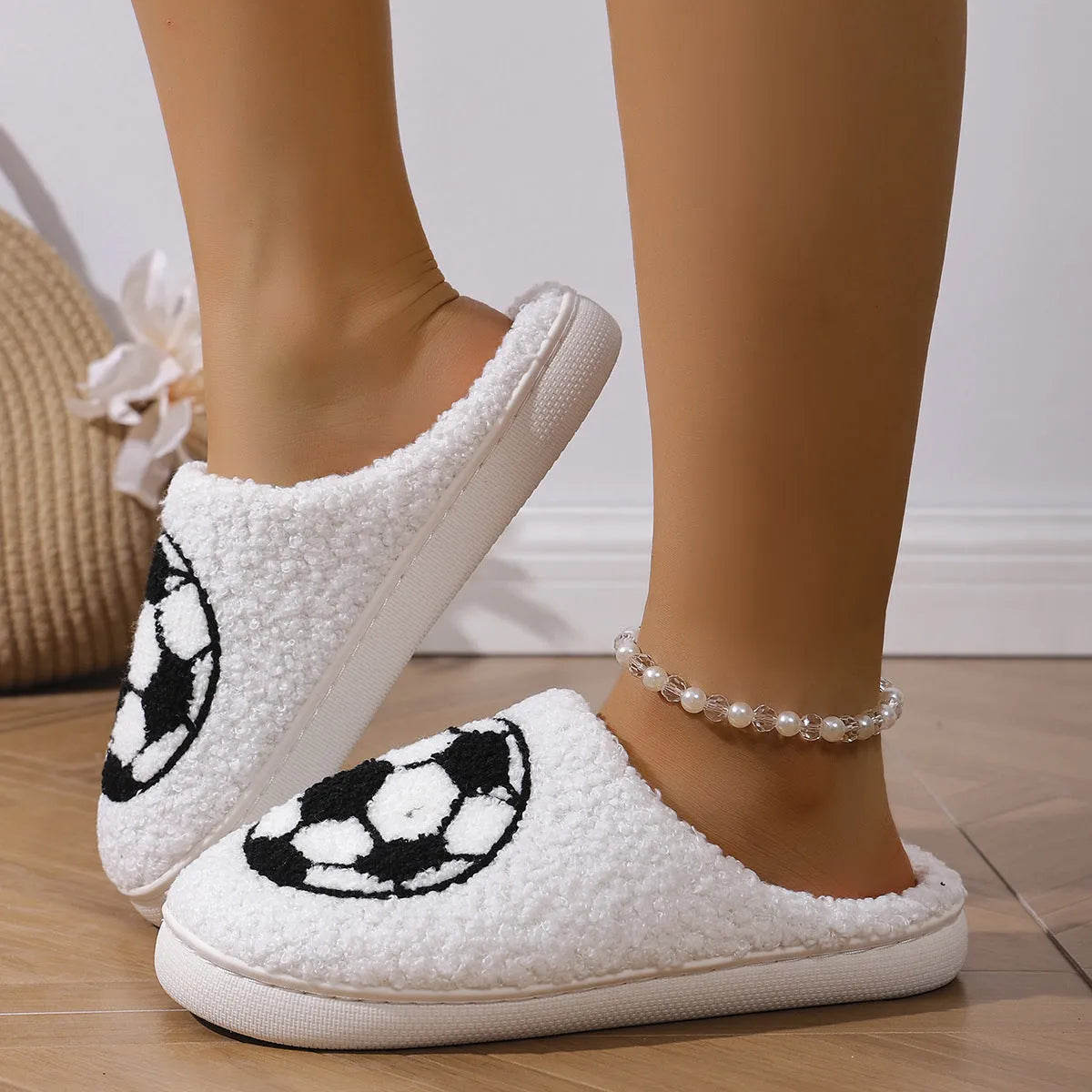 White interior thermal cotton slippers with ethnic totem pattern, plush upper, and round toe