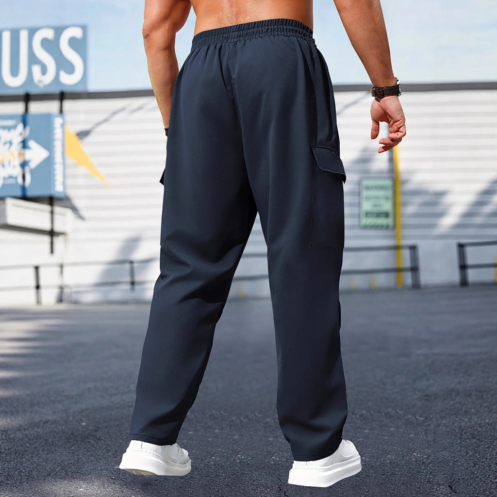 Men's retro cargo pants straight leg drawstring wrinkle-free polyester black gray dark blue military green autumn