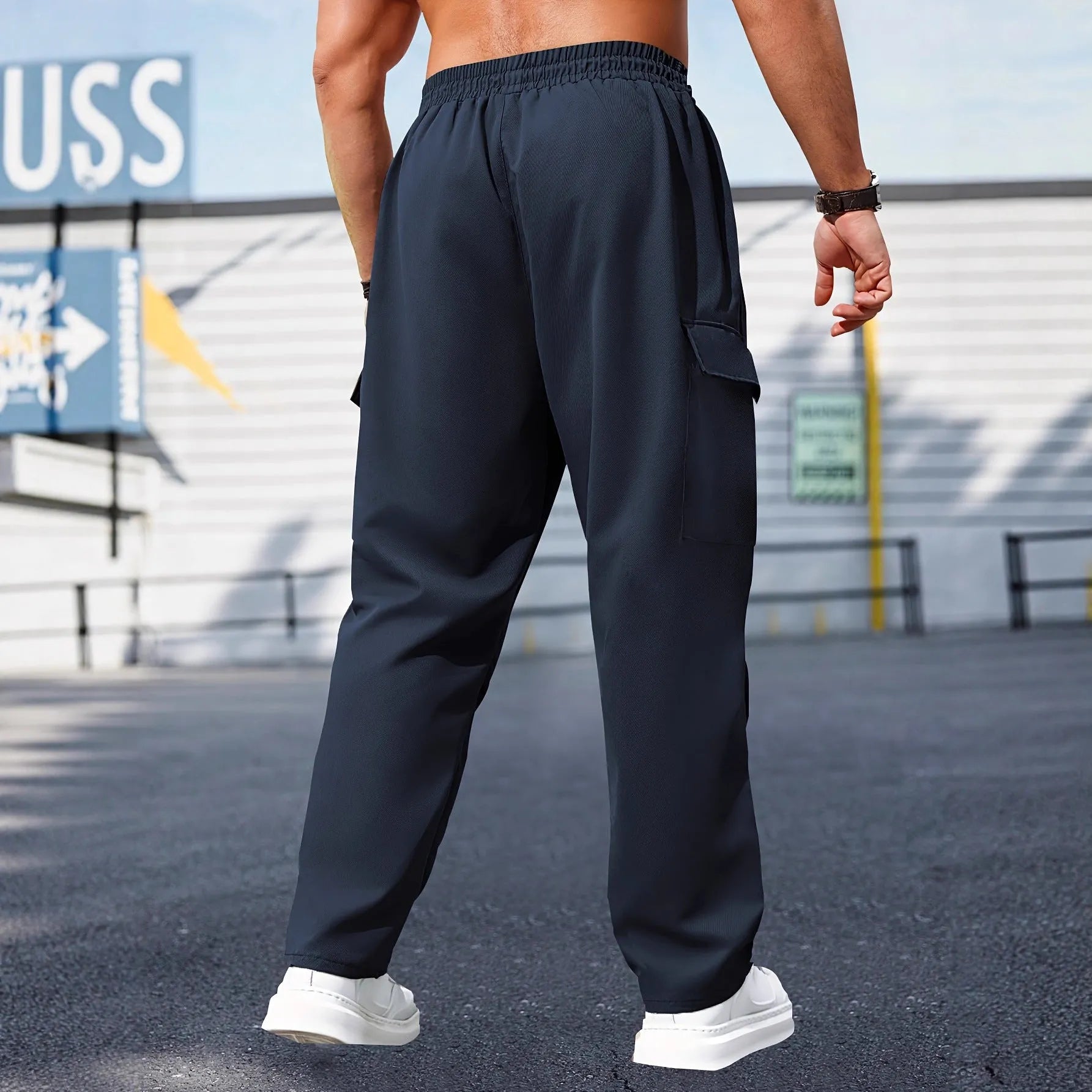 Men's retro cargo pants straight leg drawstring wrinkle-free polyester black gray dark blue military green autumn