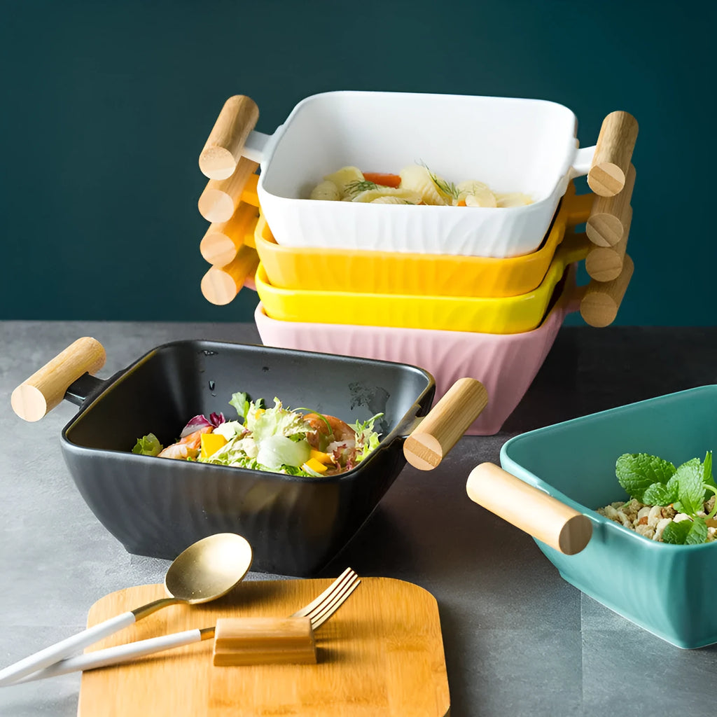 Irregular shaped porcelain ceramic bowl with lid in modern design for food service