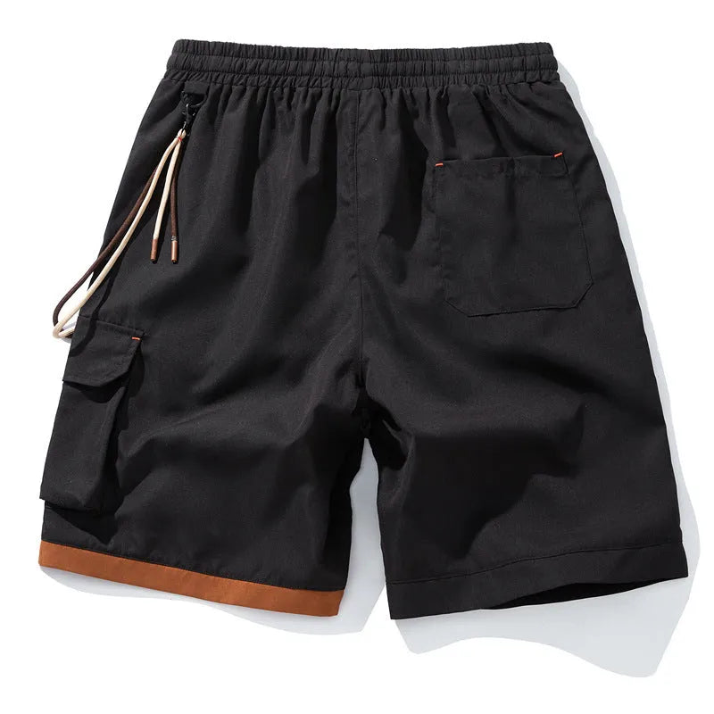 Men's plus size straight-leg bamboo fibre sports shorts in coffee colour on a hanger.