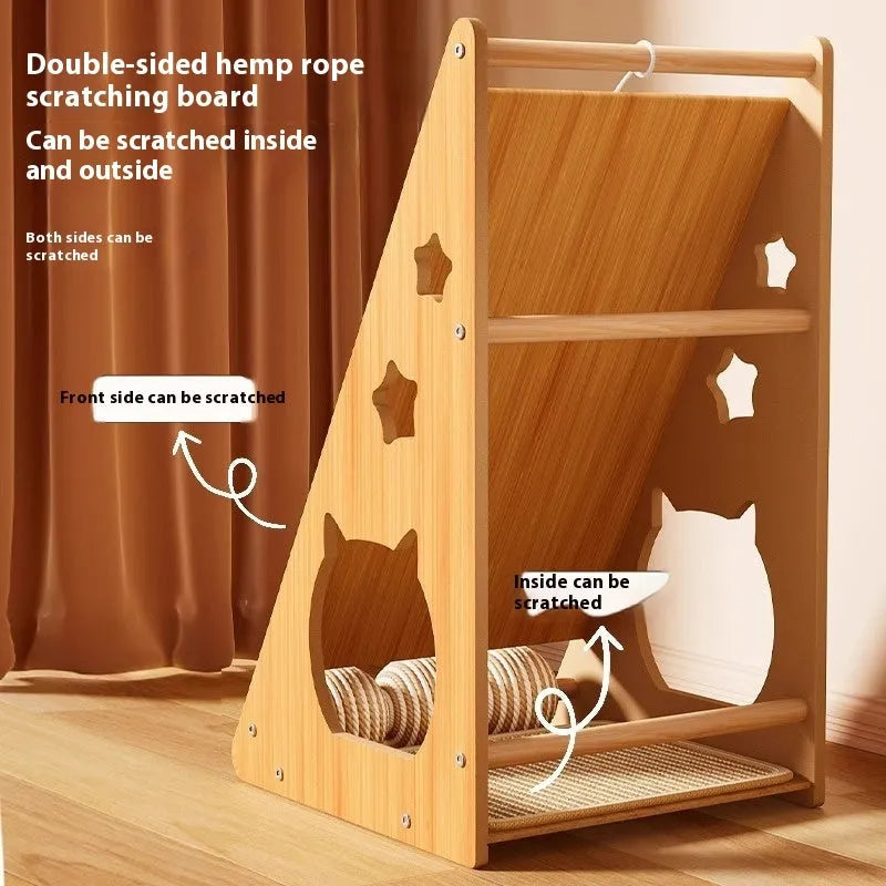 Vertical wall-mounted cat scratch board with sisal surface and hemp rope wrapped ball centre