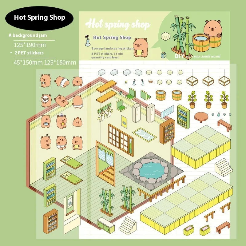 Capabala cut-free cartoon PET decorative sticker sheet in eight colour themes on a 190x125mm sheet.