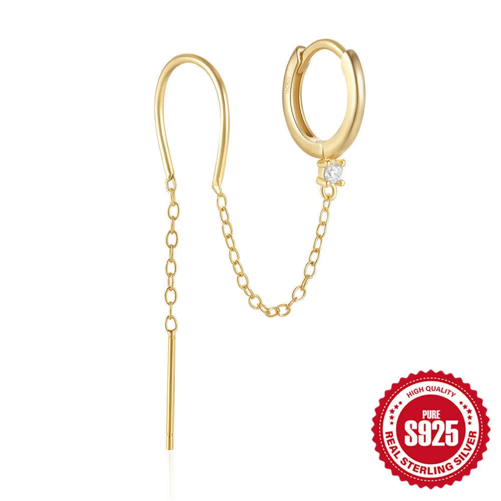 S925 sterling silver ear studs with a diamond flower, tassel, and chain design in a golden electroplated finish.