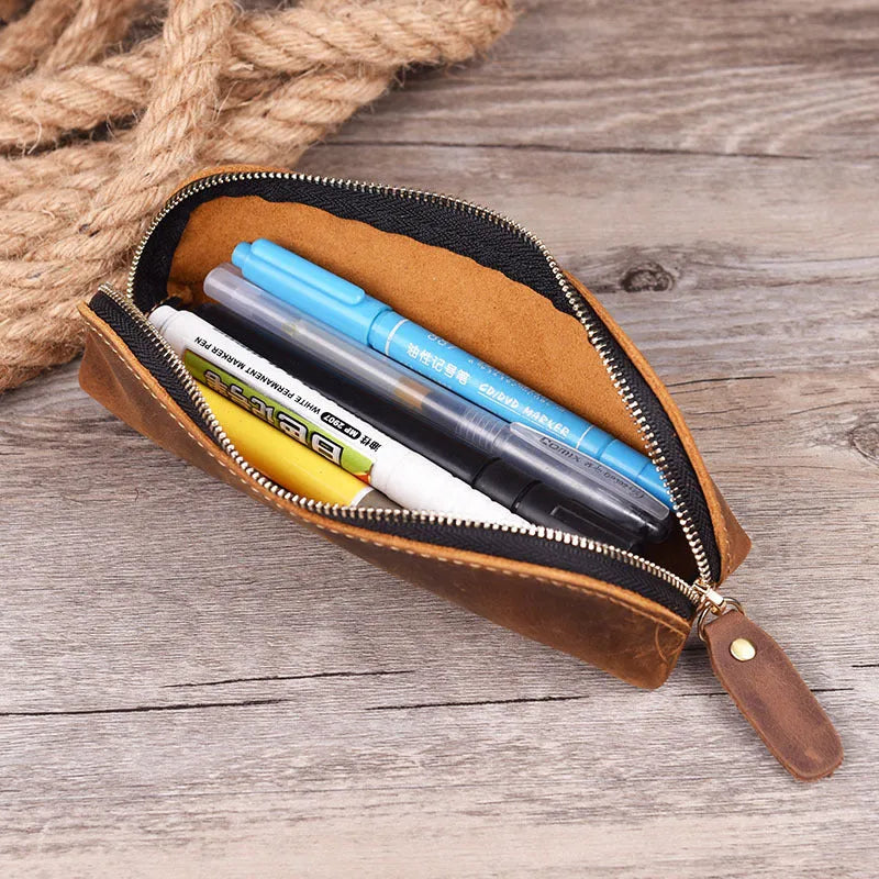 Genuine leather handmade pencil case with zipper in four colour options