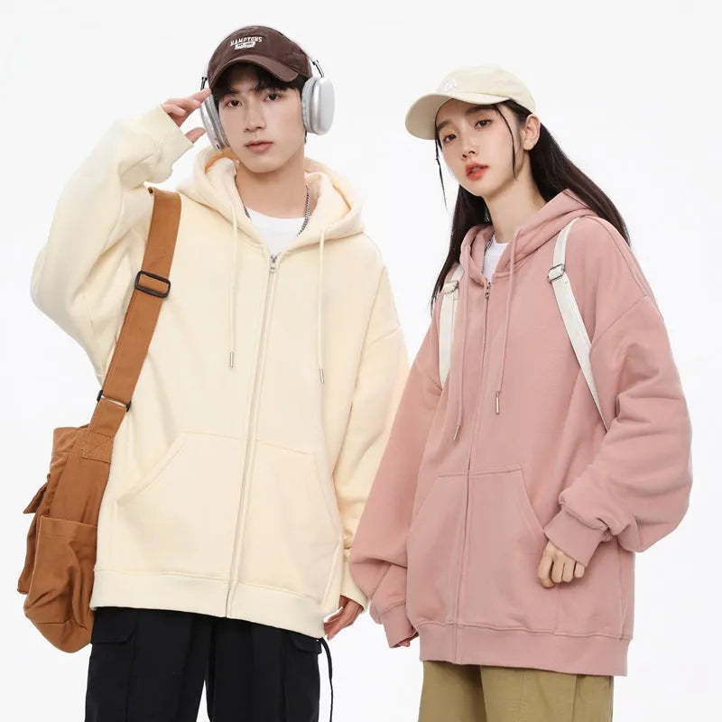 Men's solid colour hooded cardigan sweatshirt in loose fit polyester, front view