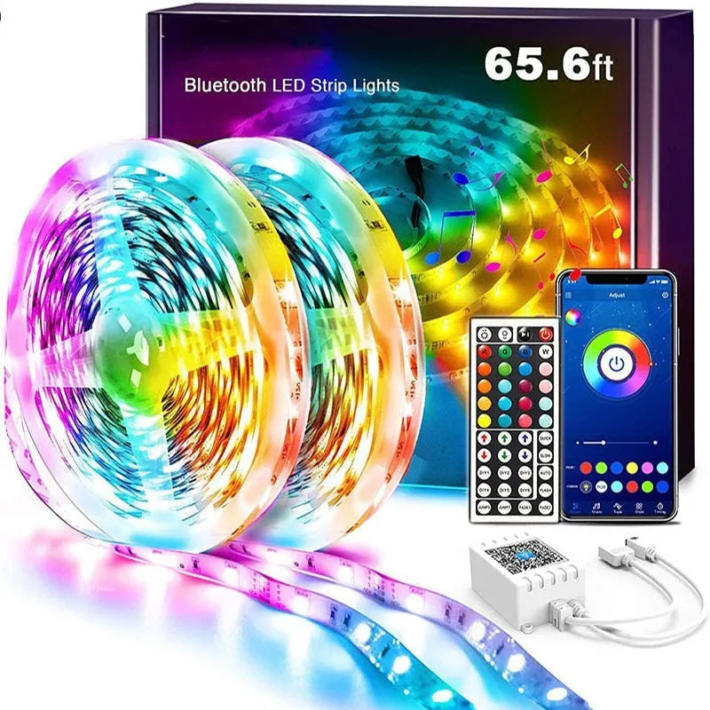 Bluetooth-controlled RGB LED strip light with remote and smartphone app