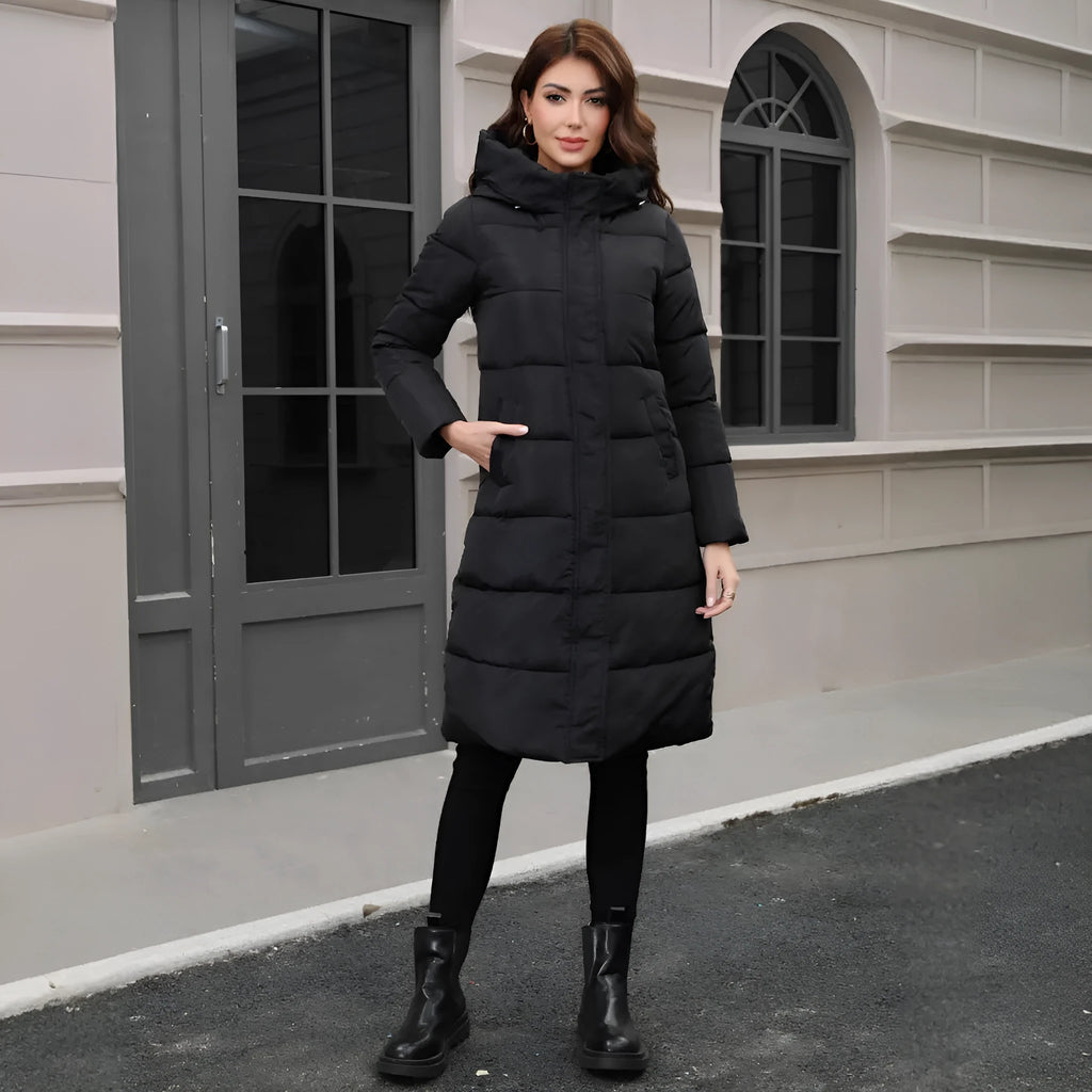 Black hooded slim fit winter jacket with long sleeves and regular fit