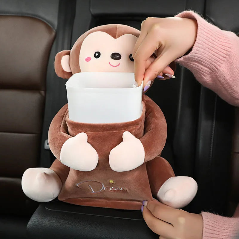Plush multifunctional car tissue box in monkey design for armrest, 30x27cm