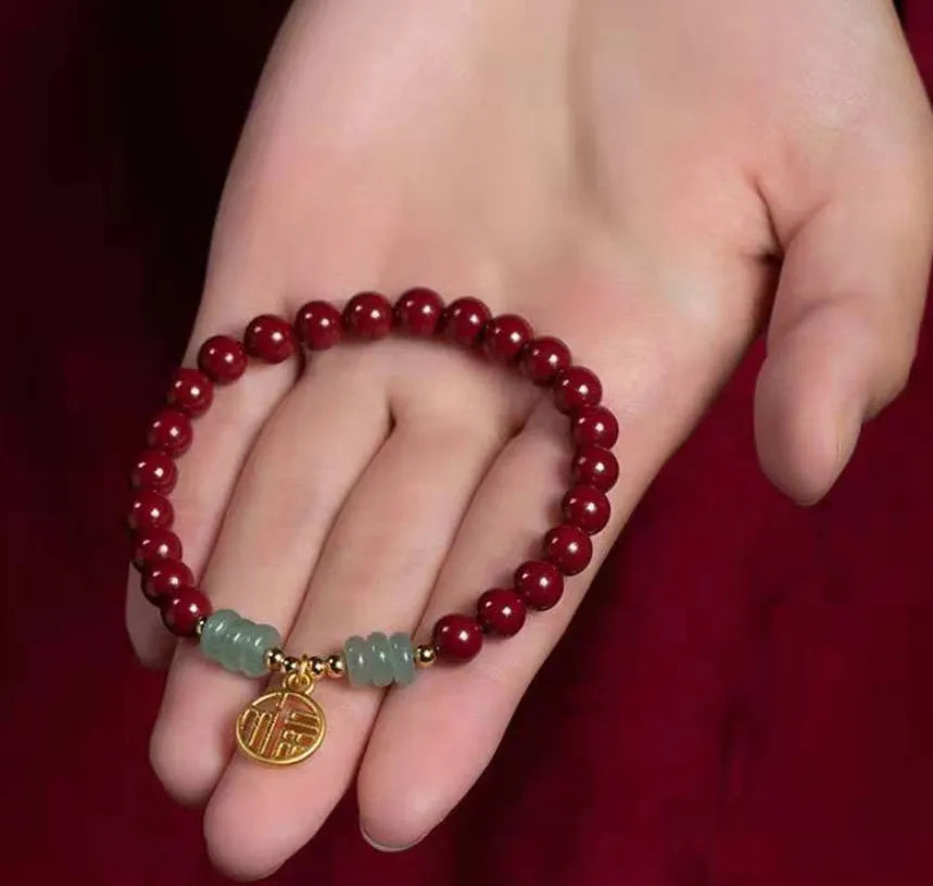 Handmade wave-shaped cinnabar and copper bead bracelet in national style design