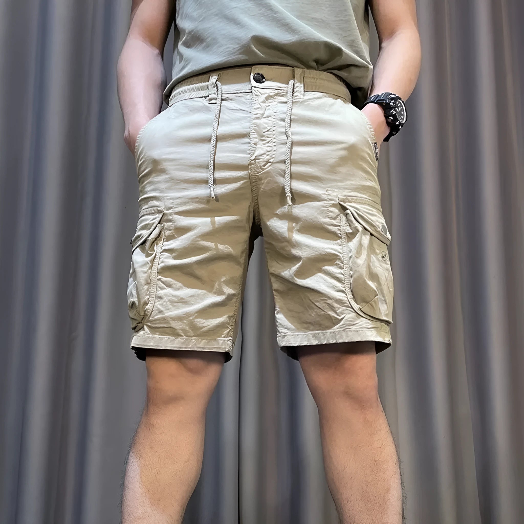 Korean style loose straight overalls pants with multiple pockets in micro-elastic polyester fabric